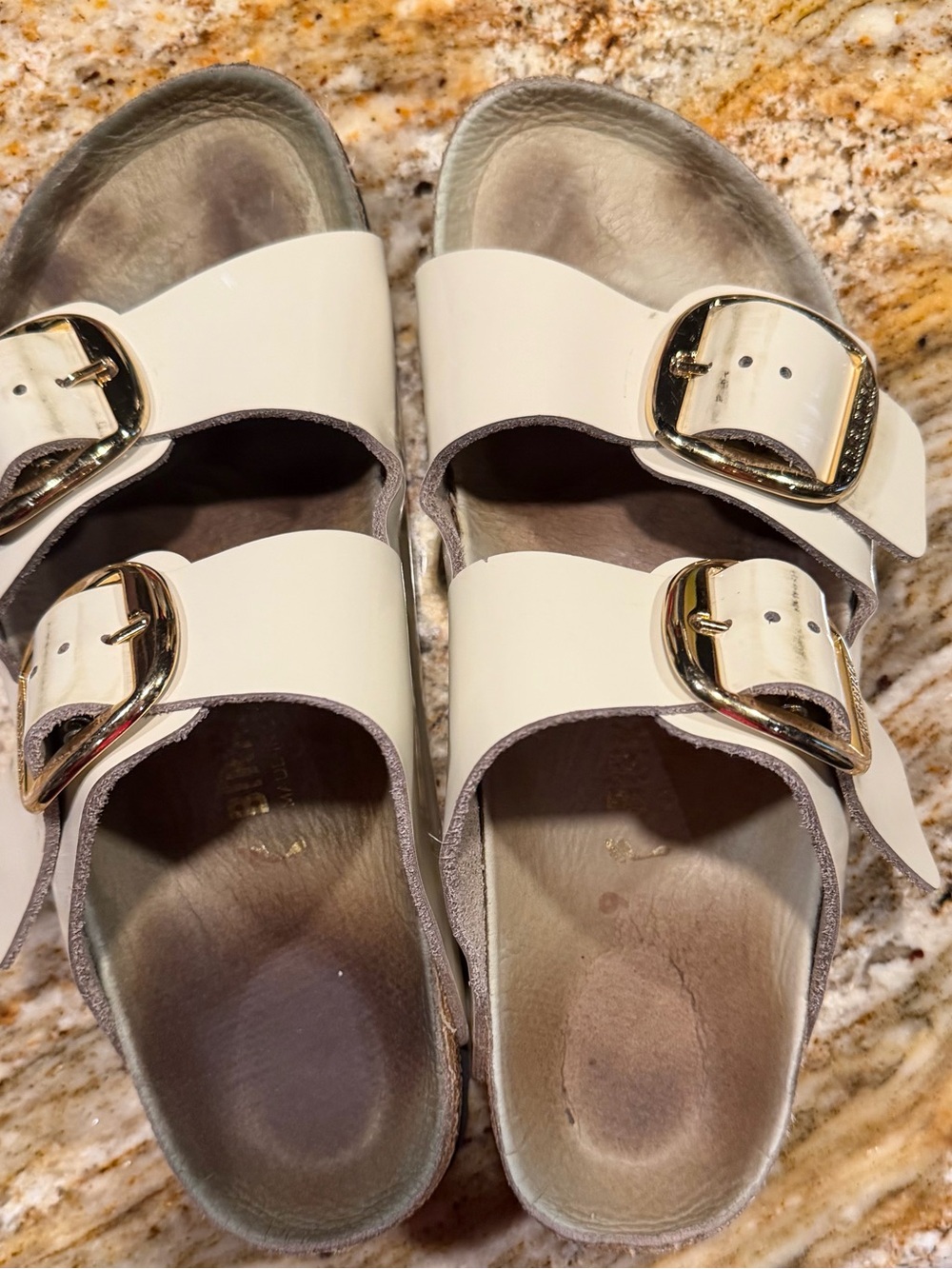 Birkenstock White Double-Band Slide Sandals with Gold Buckles